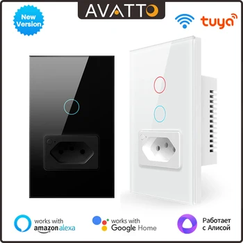 AVATTO Tuya WiFi Wall Switch&Socket，Brazil Standard 4X2 Glass Panel 1/2 Buttons Smart Light Switch Works With Alexa Google Home