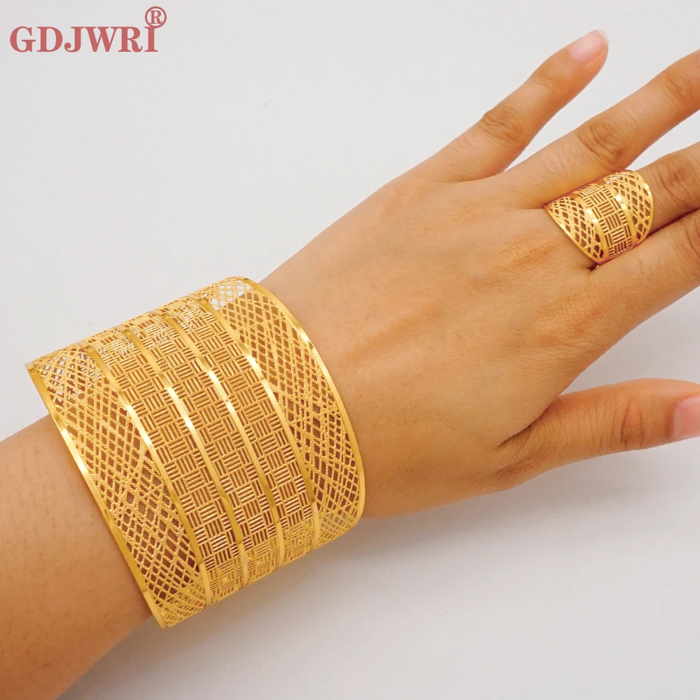 France Luxury Chain Cuff Bangle & Ring For Women Dubai Gold Color Indian Moroccan Big Bracelet Jewelry Arabic African Wedding
