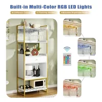 Wine Bar Cabinet with LED Lights Industrial 67" Tall Coffee Bar with Glass Rack Liquor Cabinet Wine Rack Storage Metal Wood Sid 3