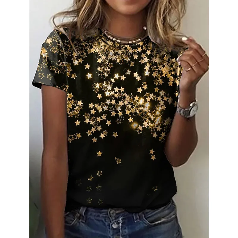 NEW SUMMER Fashion Casual Wear Women's Round Loose Shirt Bachelorette Party T-shirt Female Harajuku Polka Dot Star Decoration NEW SUMMER Fashion Casual Wear Women's Round Loose Shirt Bachelorette Party T-shirt Female Harajuku Polka Dot Star Decoration