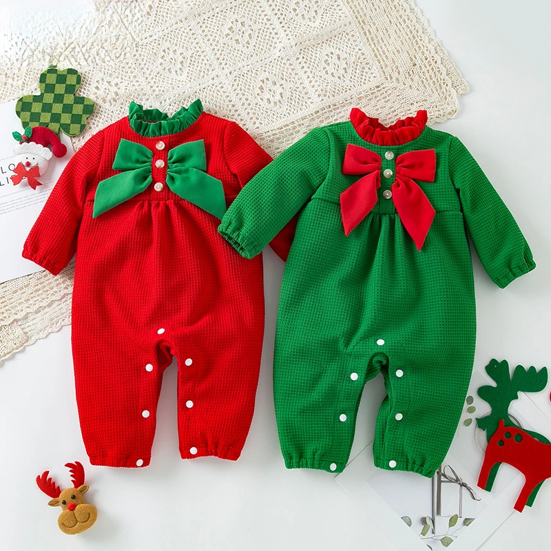 WinterBabyClothesChristmasToddlerCostumePatchworkBowknot