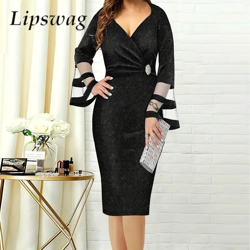 

Fashion Patchwork Mesh Flare Sleeve Mid Dress Elegant Women Glitter Wrap Hip Party Dress Commute Lady V Neck Sexy Bodycon Dress