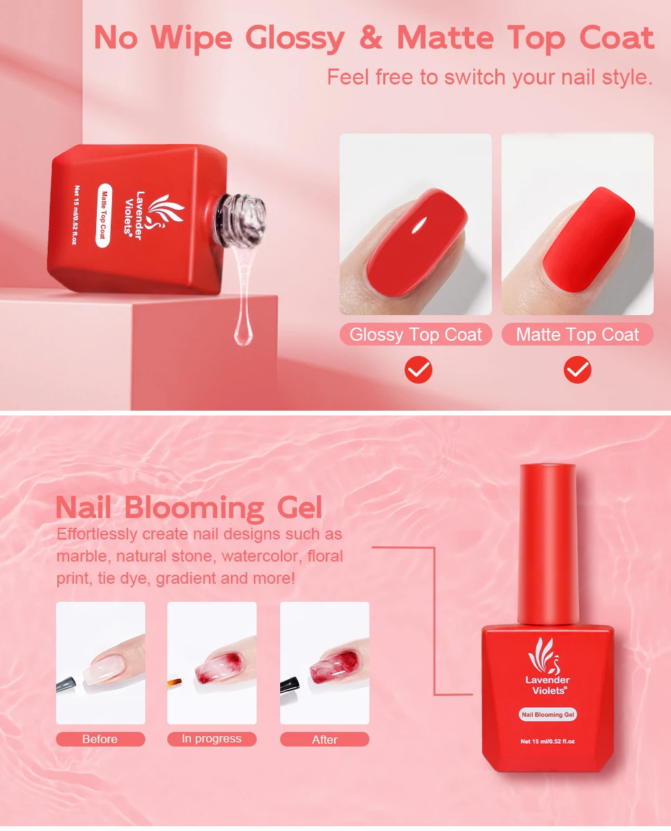 Description Picture 3 of item4pcs 15ml Blooming Gel & Matte Top Coat & Glossy Top Coat & Rubber Base Gel Soak Off Gel Nail Polish for Salon Nail Art Design
