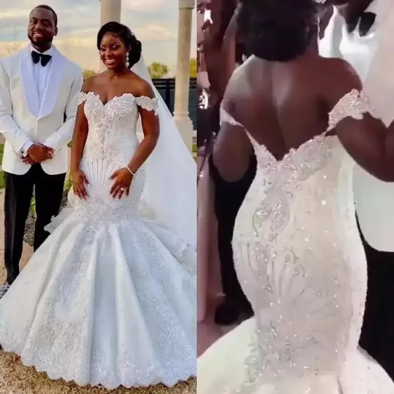 

Lace Wedding Dress Mermaid Off Shoulder Beads Appliques Bridal Gowns Vestidos De Noiva Plus Size Robe De Mariage African