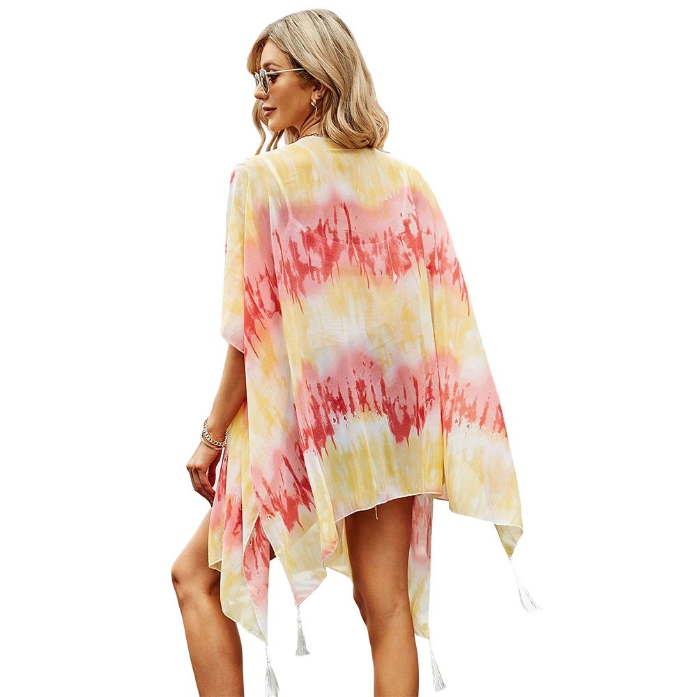 Women Sun Protection Shawl Lady Summer Chiffon Cardigan Holiday Bikini Blouse Breathable Gradient Beach Cape Tie-Dye Sexy Cloak women sun protection shawl lady summer hollow out cardigan holiday bikini blouse beach cape sexy swimwear cover ups