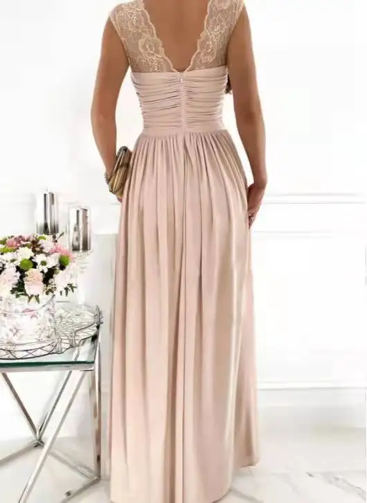 

Women New Summer Elegant Lace Embroidered Dress Fashion V Neck Casual Solid Sleeveless Party Dress