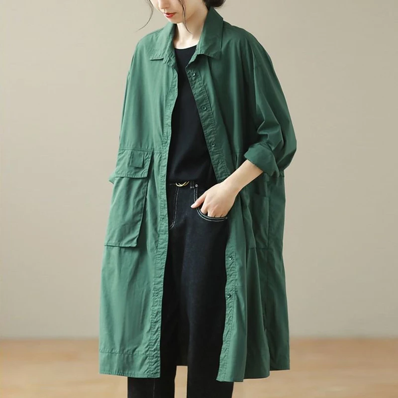 

Large Size Women's Clothes New Spring Autumn Trench Coat High End Sense Long Style Cotton Linen Windbreake Casual Khaki Outwear