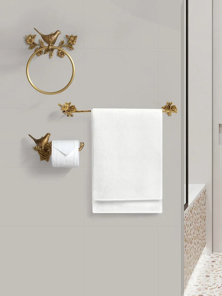 Luxury All-Copper Bathroom Accessories Retro Brass Bird Towel Ring Clear Texture Punch-Free Towel Holder Antique Bathroom Ac 6