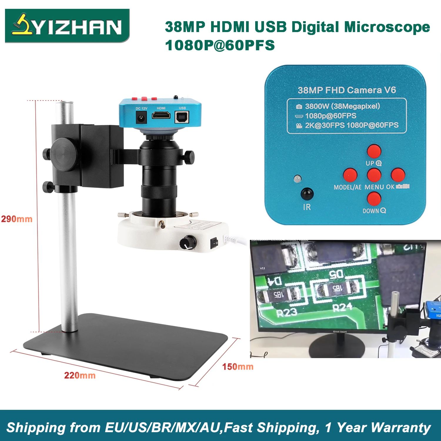 48MP 38Mp 4K 2K HDMI USB Industrial Digital Video Microscope Camera Zoom 130X C-Mount Lens LED Ring Light For Repair Soldering