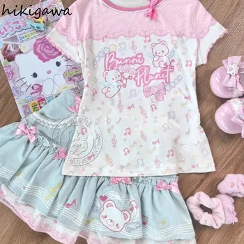 Sweet Skirt Suit 2 Piece Sets Women Clothing Short Sleeve Tunic Tshirts Bow A-line Mini Skirts Outfits Chic Summer Cute Y2k Set 1