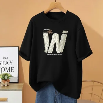 Summer Letter Printed O-neck Short Sleeve Top Tee 100% Cotton Casual Loose Pullovers Women Clothing Vintage Chic T-shirt 1