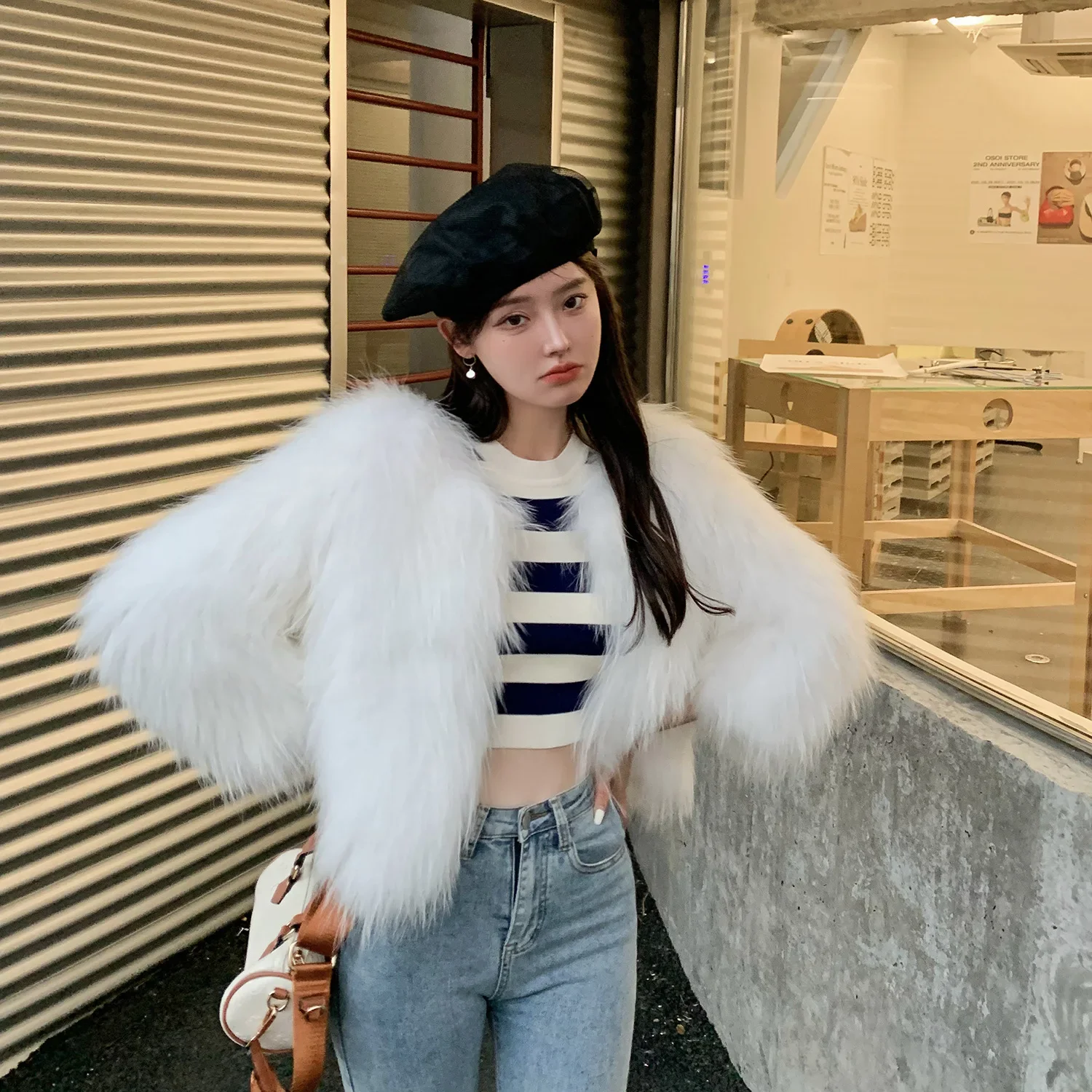 Raccoon Dog Fur Woven Coat Short and Slim Women's Clothing Solid Jacket Nine-point Sleeve Cardigan Winter Thick Warm Fur Tops