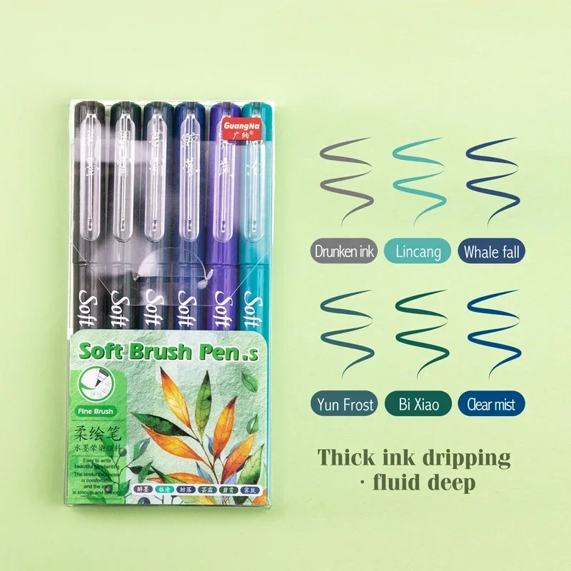 Set of 6 Soft Brush Tip Markers for Art and Calligraphy - Assorted Colors