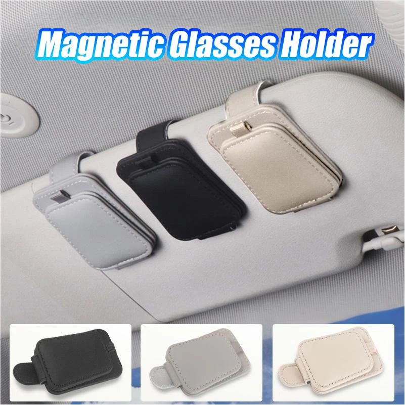 Magnetic Sunglasses Holder For Car Visor - 2 Pack Leather Clip With Hidden Magnetic Closure (Beige)