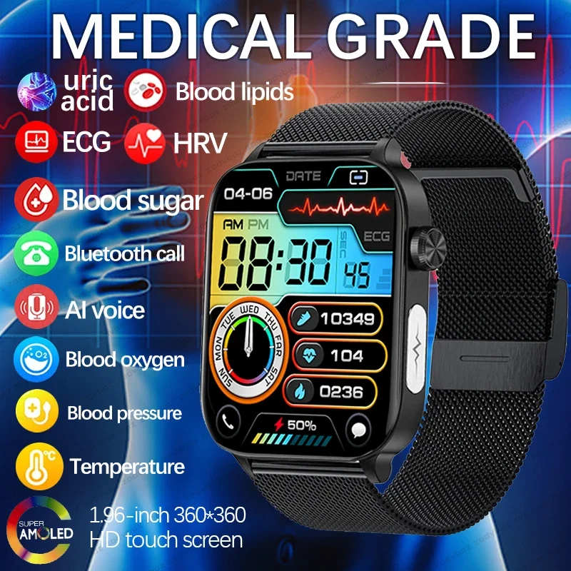 Smartwatch de Açúcar no Sangue Não Invasivo para Homens e Mulheres, Chamada Bluetooth, Frequência Cardíaca, Pressão Arterial, ECG, PPG, Ácido Úrico, Novo, 2022