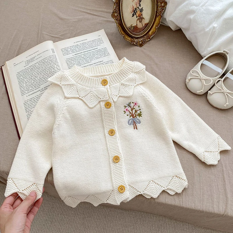

Autumn Spring Baby Girl Clothing Infant Baby Girl Knitting Cardigan Long Sleeved Floral Embroidery Toddler Baby Girls Sweater