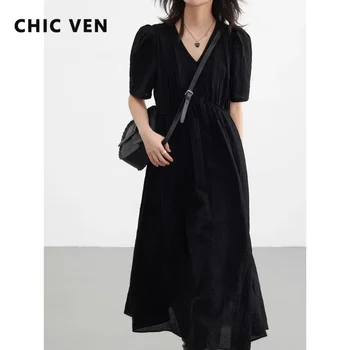 CHIC VEN Women Dresses French Style Vintage V-neck Puff Sleeve Long Dress Solid Black Loose Female Clothing Summer New 2023 1