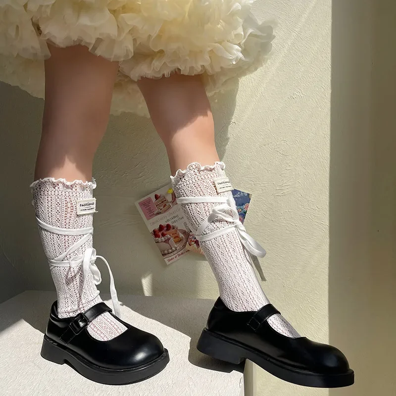 Summer White Mesh Bows Calf Lace Socks for Kids Korean Fashoin Bow Tie Ruffle Children Thin Mesh Breathable School JK Sock