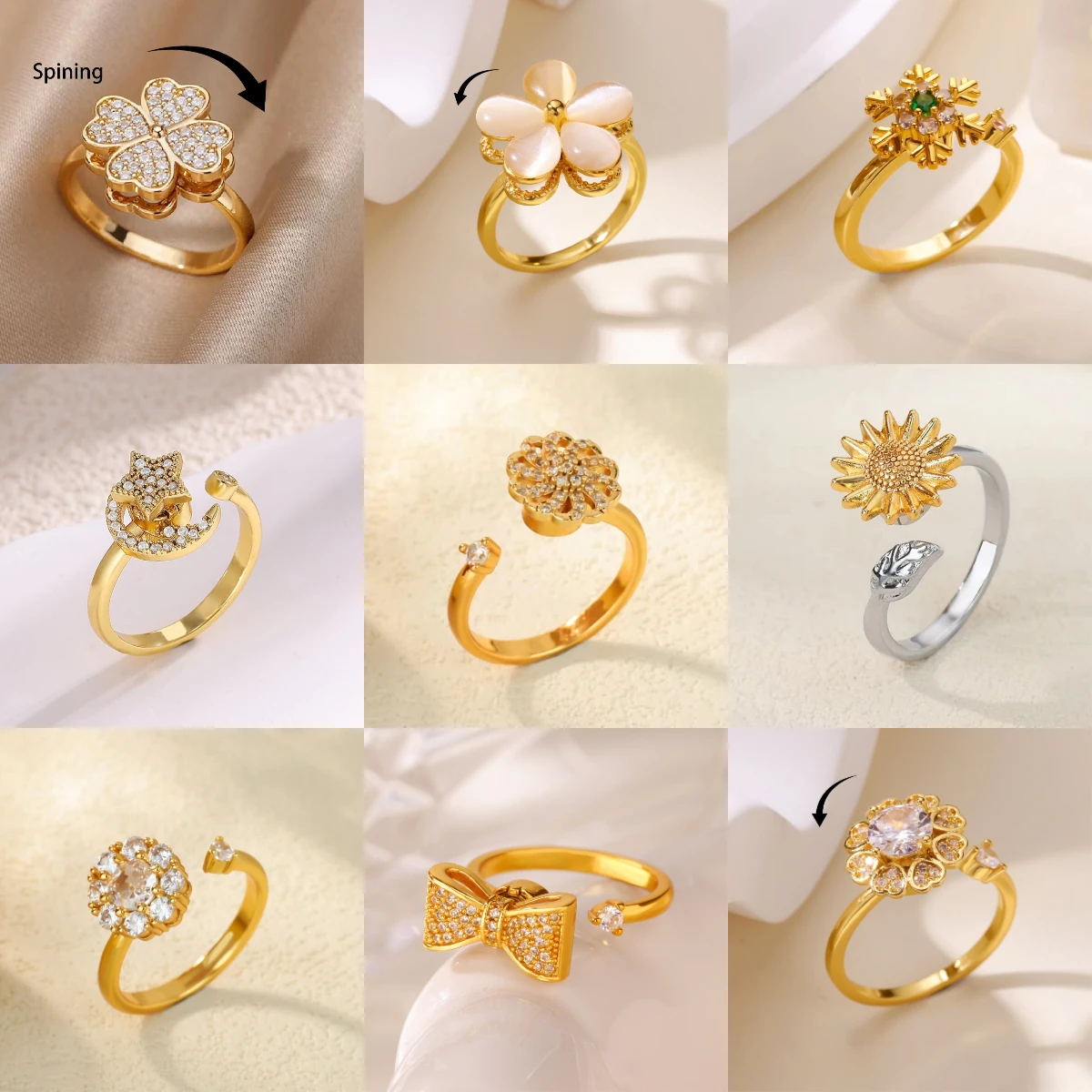 Women's Spinner Ring Luxury Four Clover Flower Rings For Man Gold Color Anti-stress Anxiety Fidget Ring Stainless Steel Jewelry 1