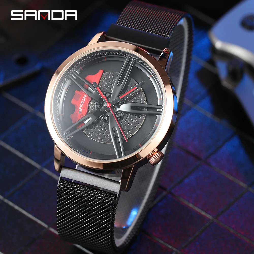 SANDA P1040 New Wheel Rim Hub Watch Stainless Steel Sport Car Quartz Watches Waterproof Creative Luminous Clock Relogio Masculio