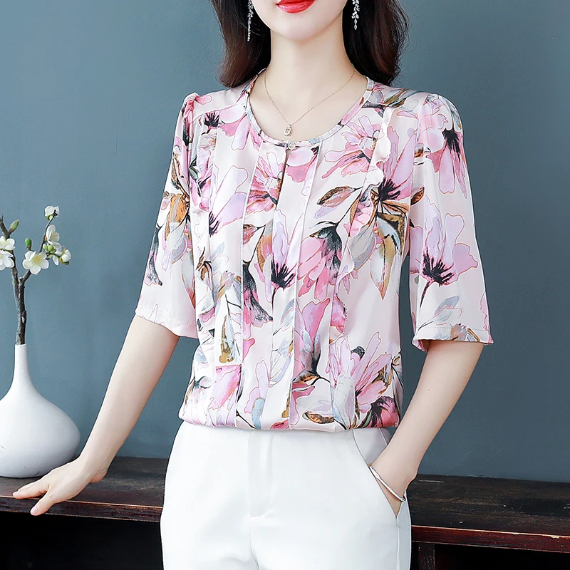 2024 Summer New Style Printed Round Neck Short Sleeved Women's Fashion Elegant Commuter Ear Edge Loose Pullover Chiffon Tops