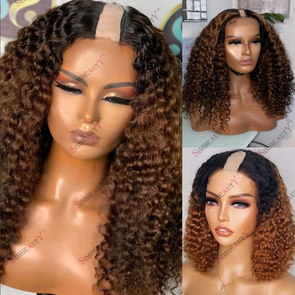 Black Women U Part Kinky Curly Human Hair Wigs Middle Open Glueless