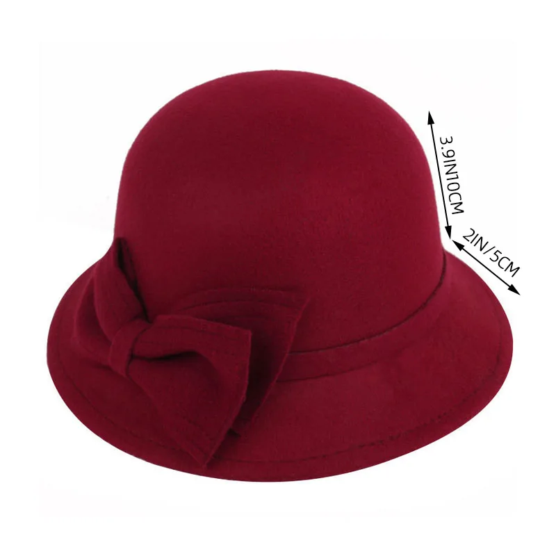 Fashion Hat Vintage Women Bucket Cap Solid Bow Woolen Felt Fedoras Hat Female Winter Autumn Ladies Dome Felt Wedding Church Jazz Caps Bowler