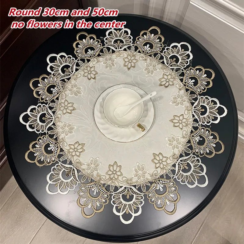 Hot Selling Modern Brocade Fabric Embroidered Lace Trim Tablecloth Coaster Set Bedroom Small Round Table Mat Party Decoration