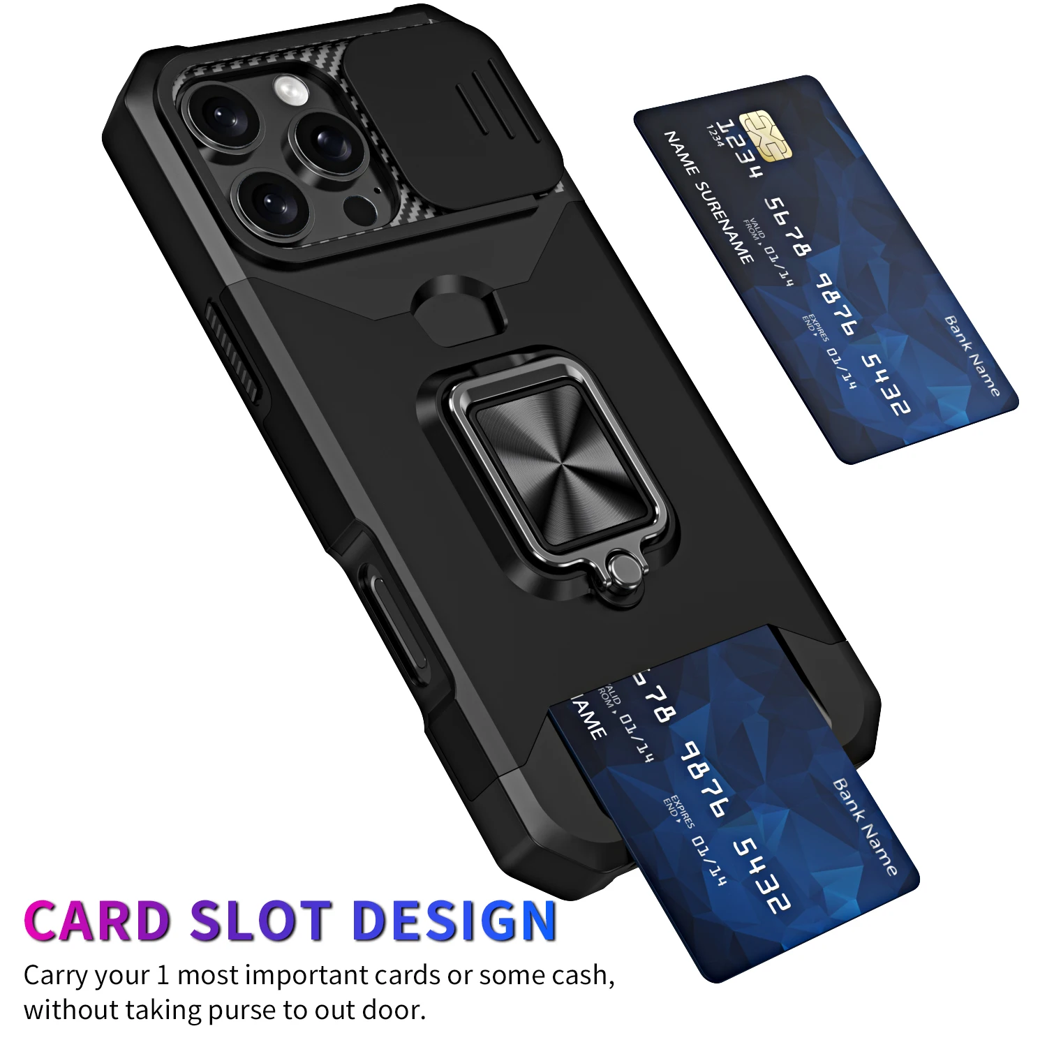 Phone Case with Slide Camera Cover, Card Holder, Ring Stand, and Wallet Slot