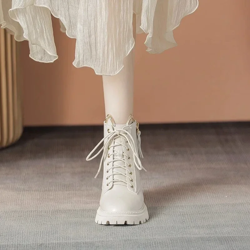 2023 Trend Women's Pu Leather Ankle Boots Autumn Winter Round Toe Lace Up Shoes Woman Classic Fashion Motorcycle Platform Botas