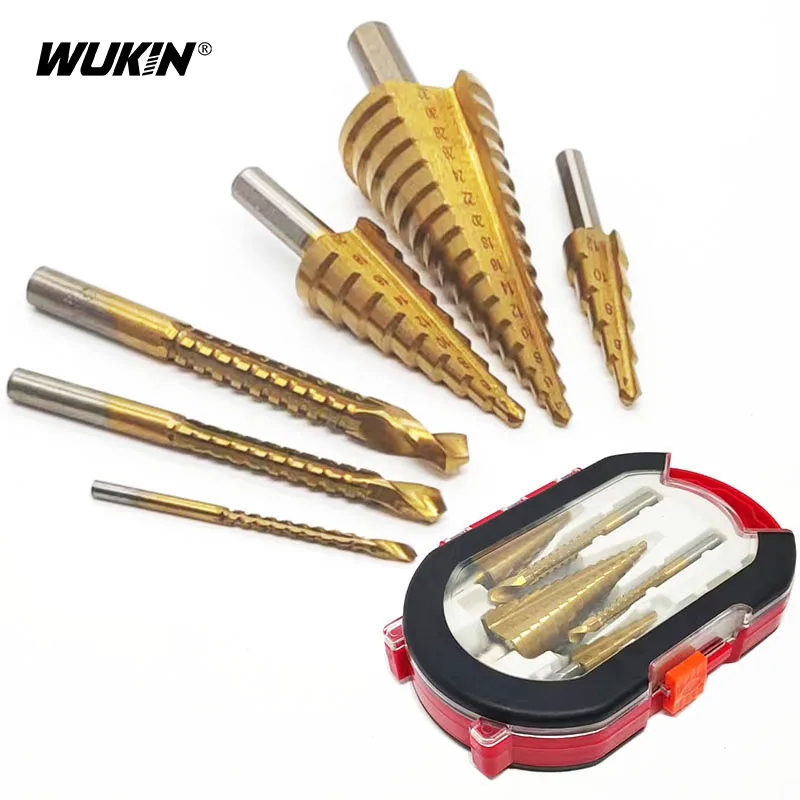 

6Pcs Step Sawtooth Drill Bit HSS Titanium Plated Straight Groove Drilling Power Tools Metal Wood Hole Cutter Core Opener