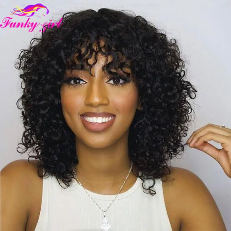 Parrucca corta per capelli umani ricci Bob con frangia Parrucche ricci taglio Pixie Bob Onda d'acqua Parrucche economiche nere naturali a macchina completa per le donne - immagine 3