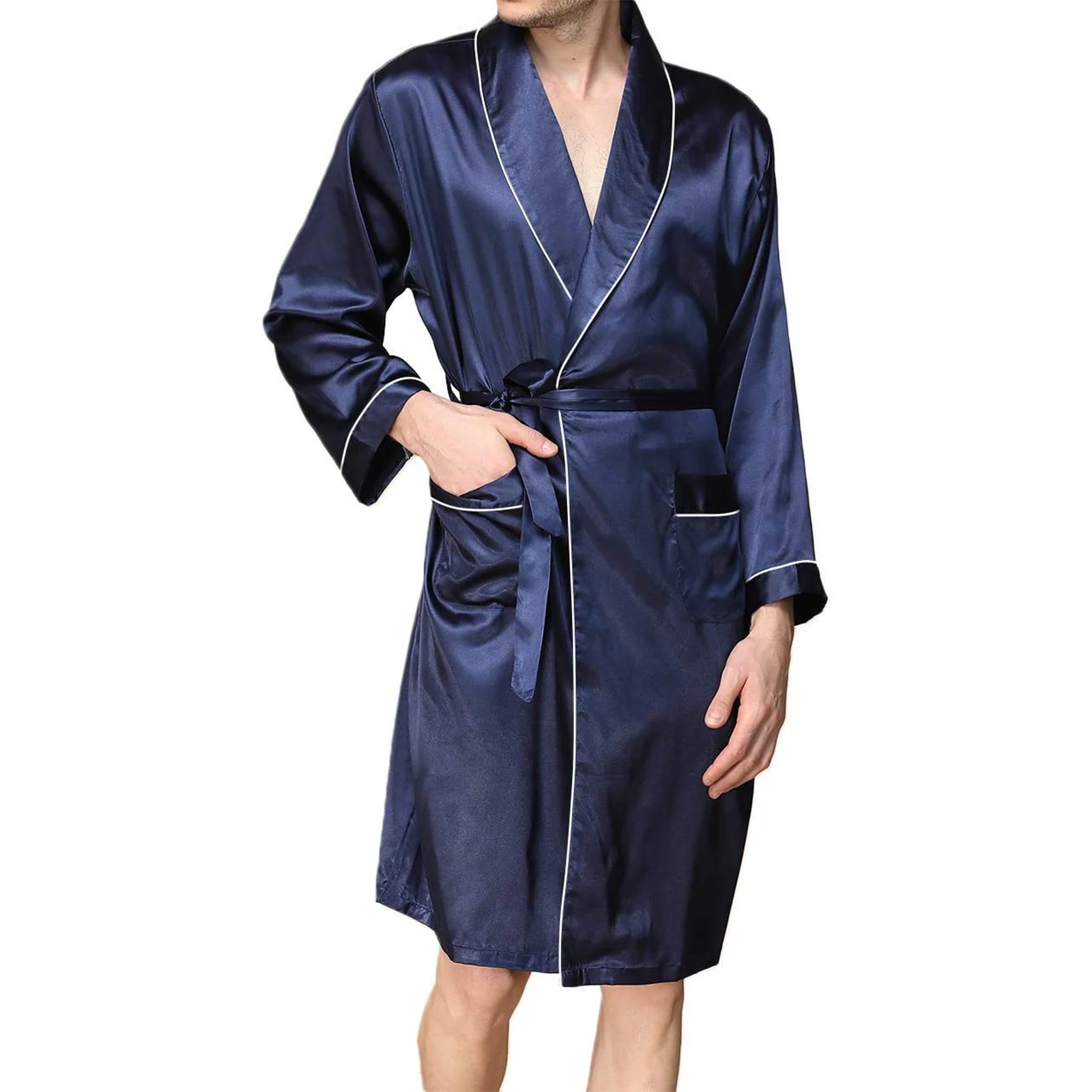 Men Satin Bathrobe with Belt Adults Contrast Color Long Sleeve V-neck Night Robe with Pockets S/M/L/XL satin couple robes