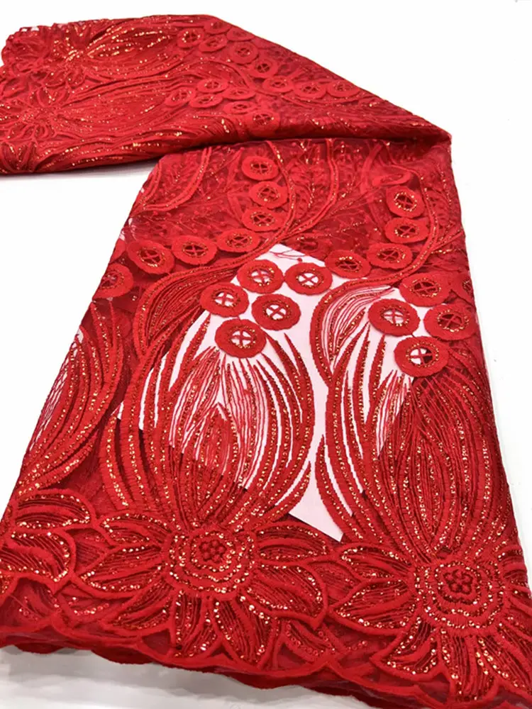 

LYYN77 Red color embroidered African net lace fabric with sequins,wholesale French tulle lace fabric for party/wedding dress