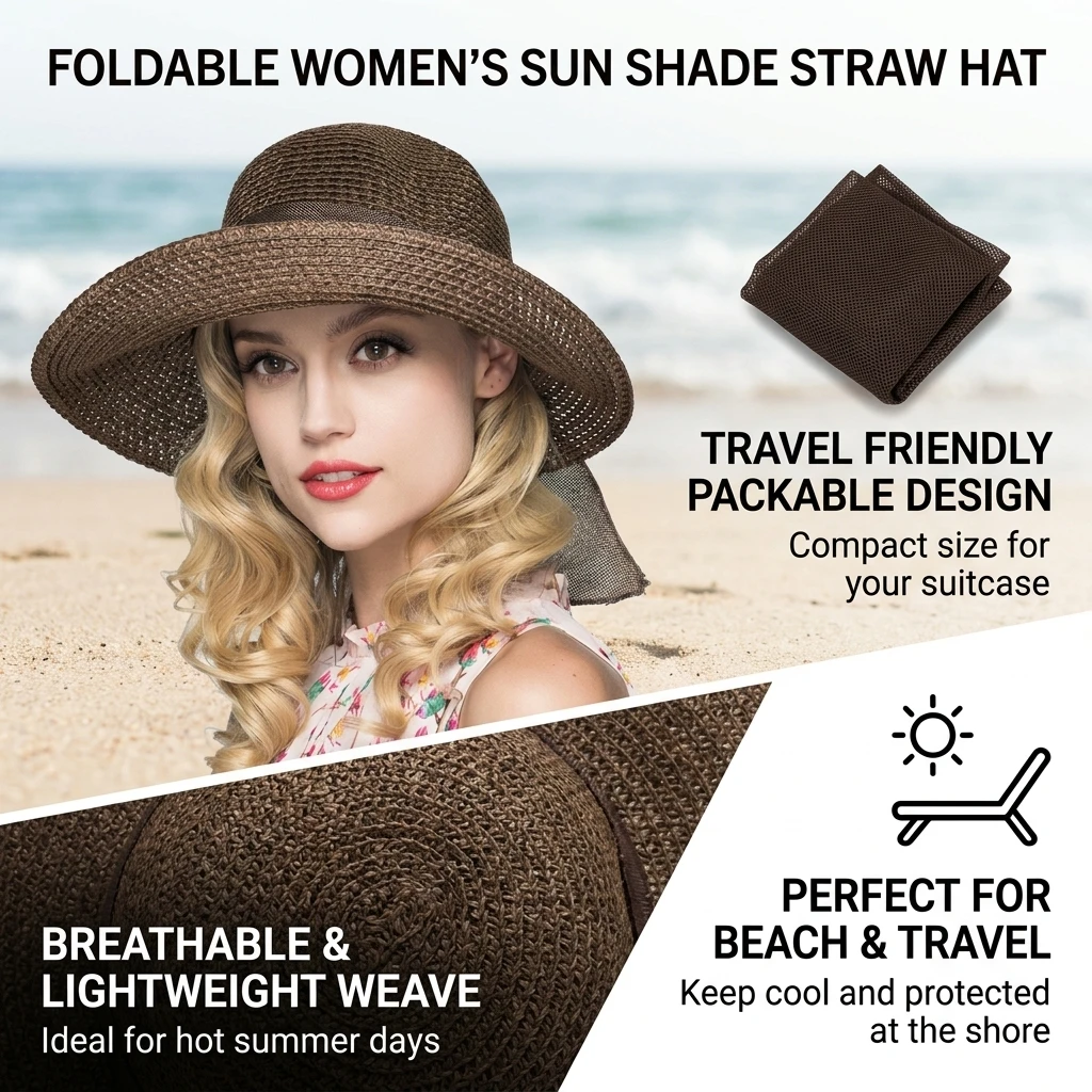 Women Foldable Straw Hat Elegant Bow Wide Brim Beach Sun Hat_voghion.com