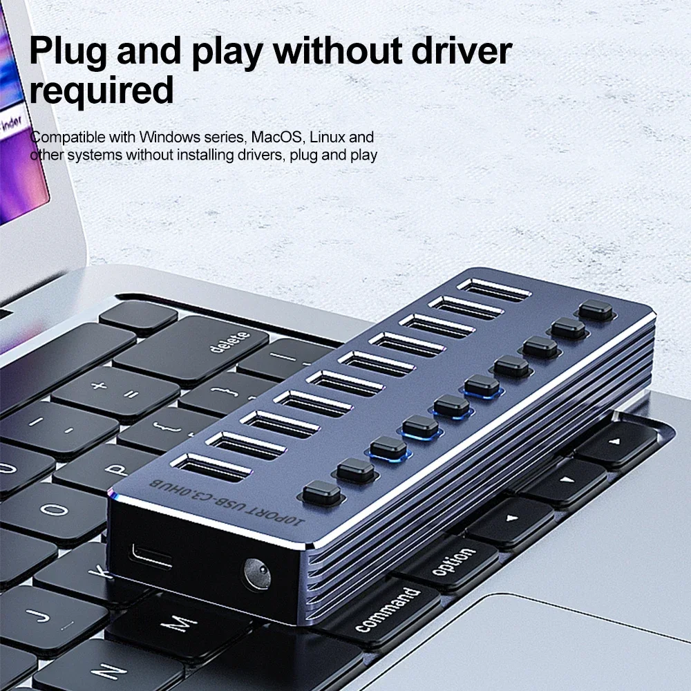 Aluminum 7-Port USB 3.0 Hub with On/Off Switches and Power Adapter