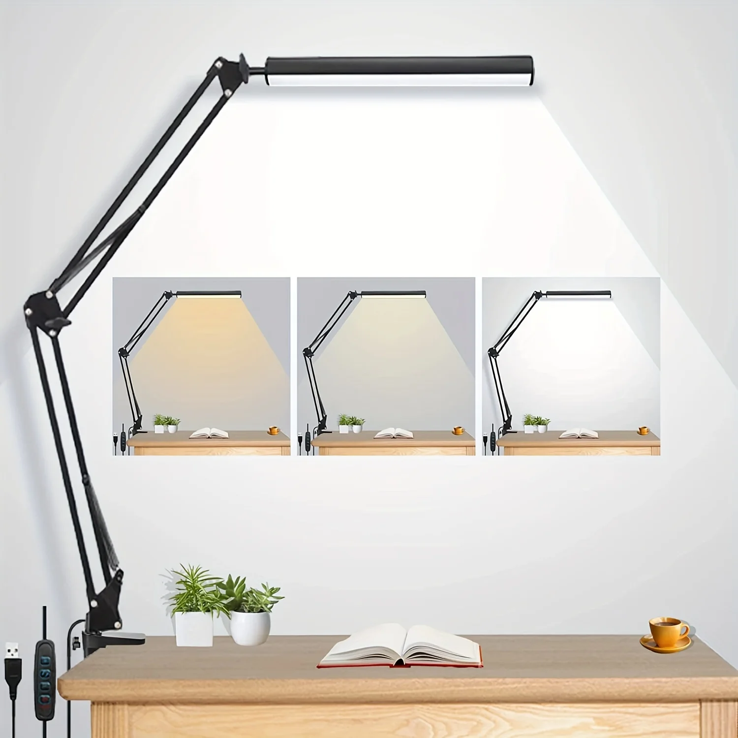 Lâmpada de mesa LED para casa, leitura, luz de mesa ajustável para cuidar dos olhos com braçadeira, 3 modos de cor, 10 lâmpadas de mesa de brilho
