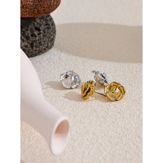 Yhpup  Stainless Steel Rose Flower Waterproof Daily Stud Earrings for Women Stylish Texture Gold Color Plated Jewelry Bijoux 3