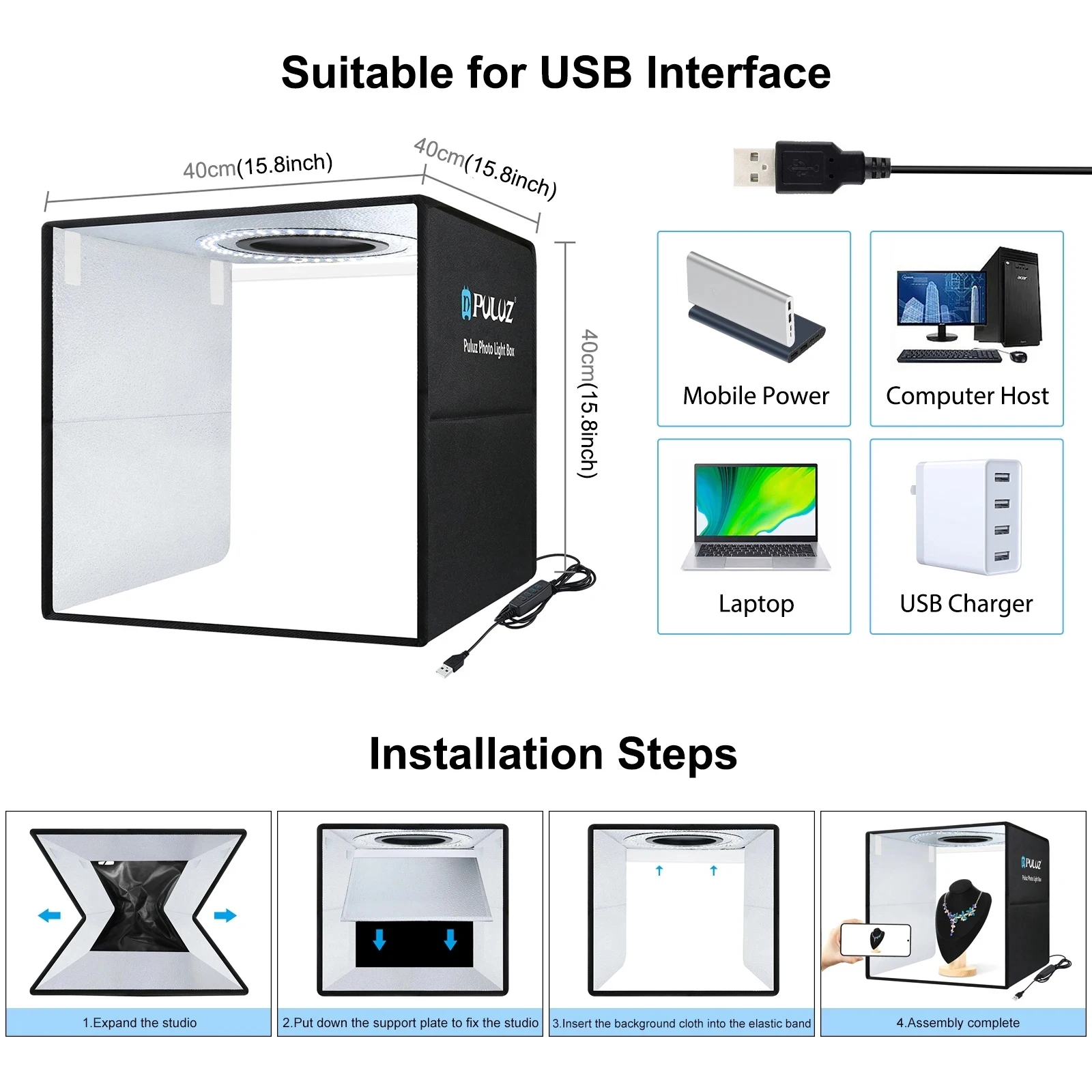 PULUZ 40CM/15.8Inch Photo Studio Lightbox Photography Softbox Portable Photo Studio Shooting Tent Box Kit With 12 Color Backdrop