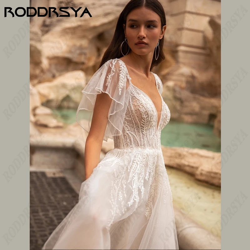 RODDRSYA Applique Lace Wedding Dress Boho Tulle A-line Robe De Soirée Spaghetti Straps Bridal Gown Sleeveles Backless For Women