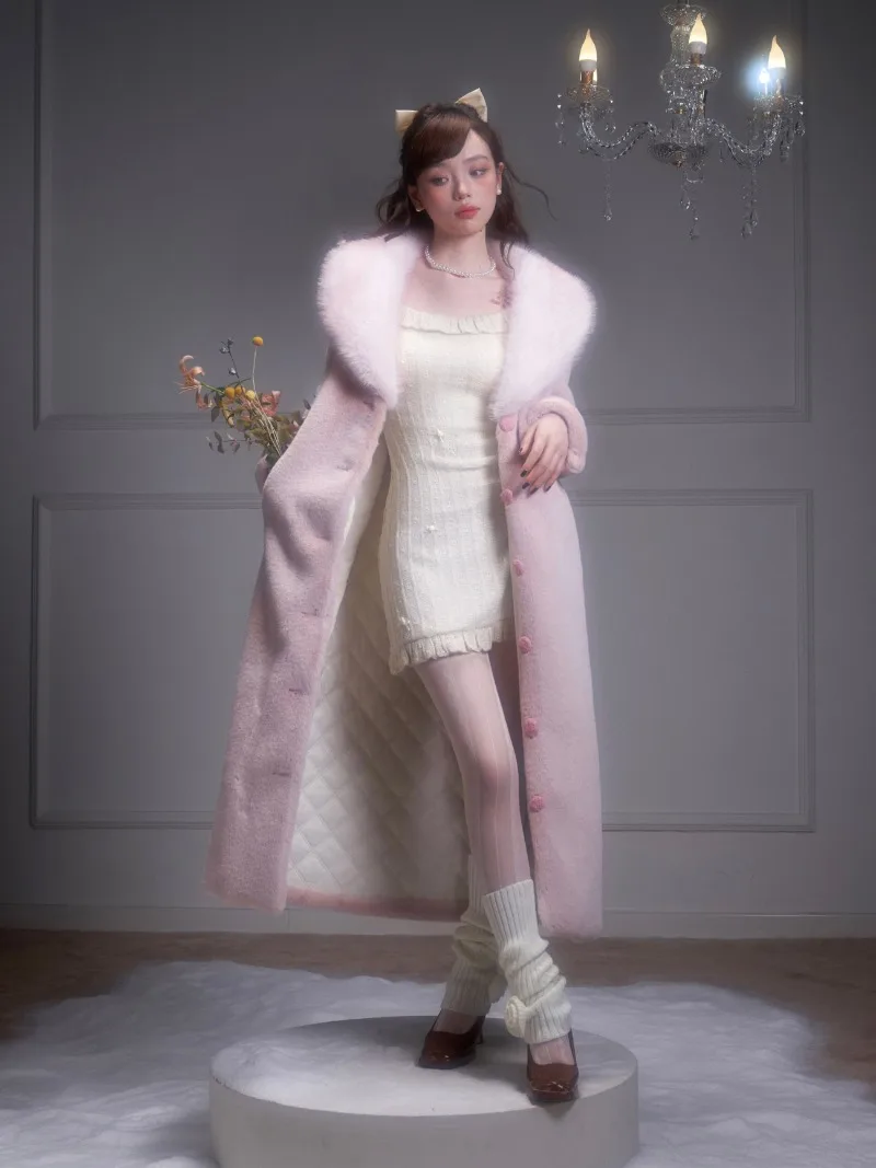 Japanese Rojita Single-Breasted Pink Gradient Fur Collar Furry Quilted Woolen Environmental Protection Autumn Winter Coat Jacket