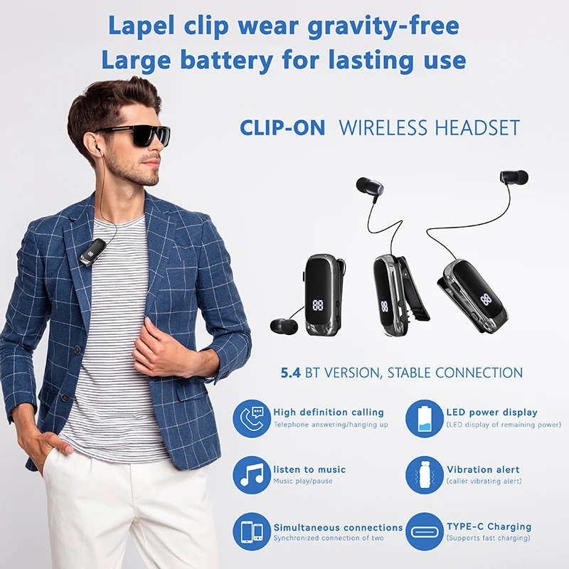 K88 Lavalier Business Bluetooth 5.4 Headphone Talk/Music Time 20 Hours,LED Digital Display,Noice Cancelling Wireless Earphones 6