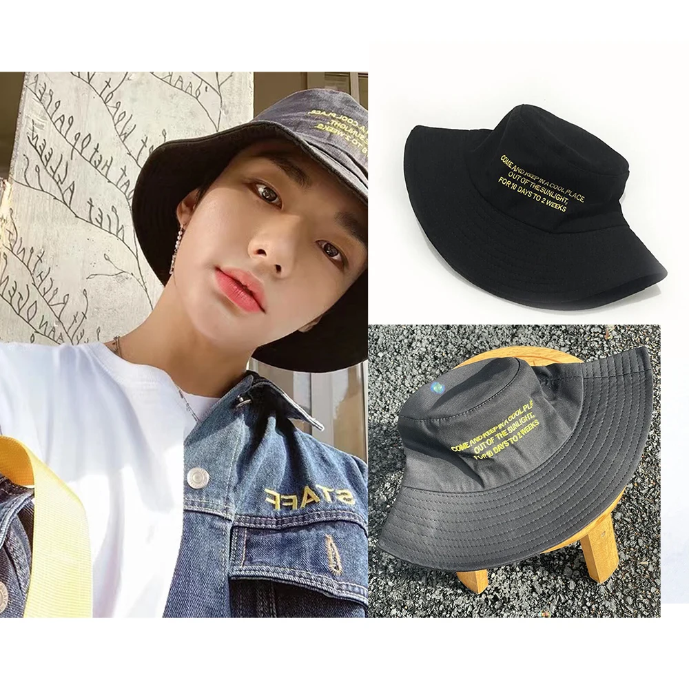 

KPOP Stray Kids HyunJin Black Fisherman Hat Letter Embroidery Big Brim Cap Sun Protection Pot Hat Couple Summer Outing Sunshade