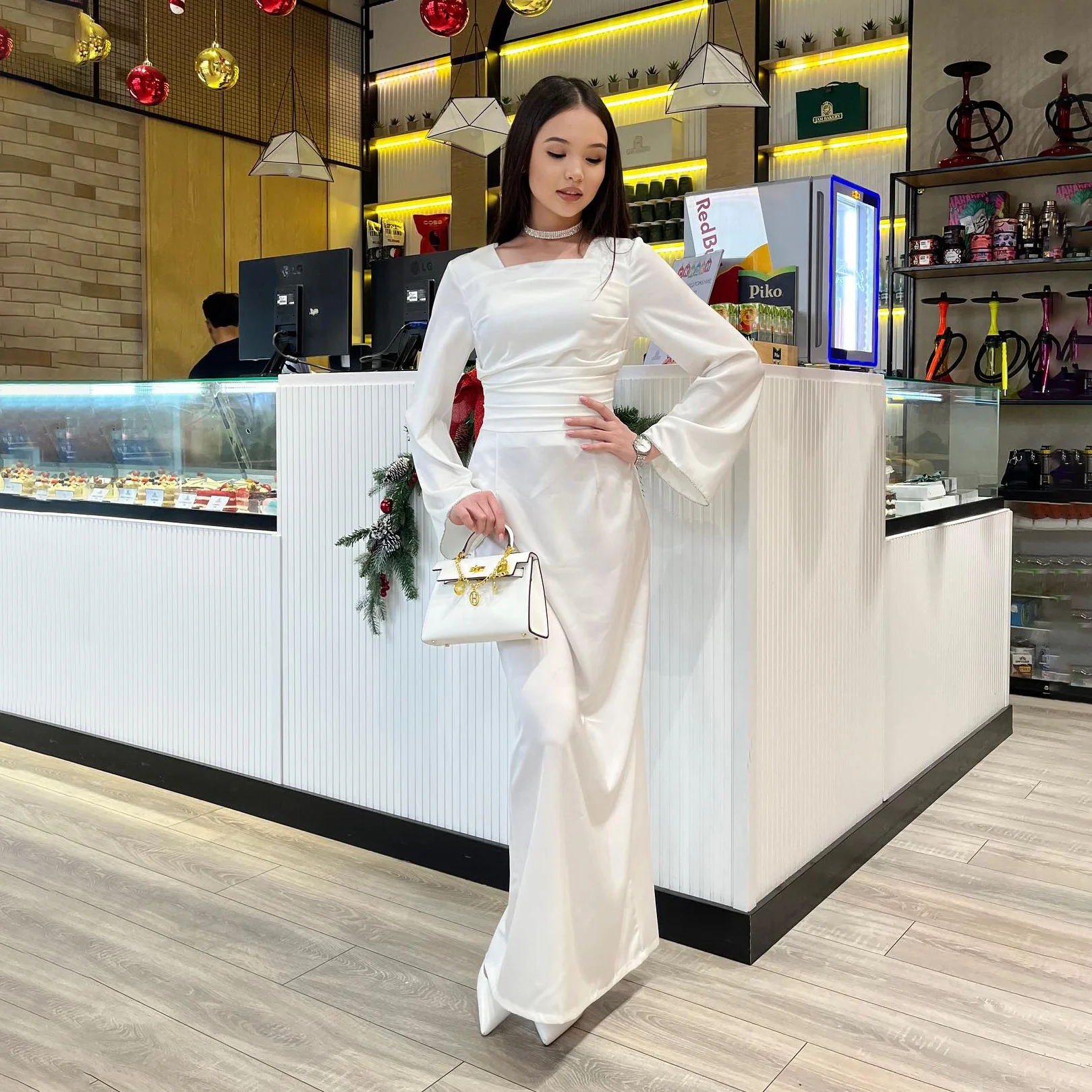 

OEING Square Collar Luxury Garden Evening Dresses Pleat Long Sleeves Formal Birthday Floor Length Elegant Prom Gowns Party Women