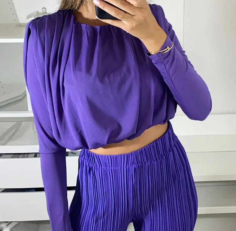 Women's Fashion Set 2024 Spring Latest Round Neck Short Long Sleeved Bottom Shirt Pleated High Waist Casual Pants Two Piece Set