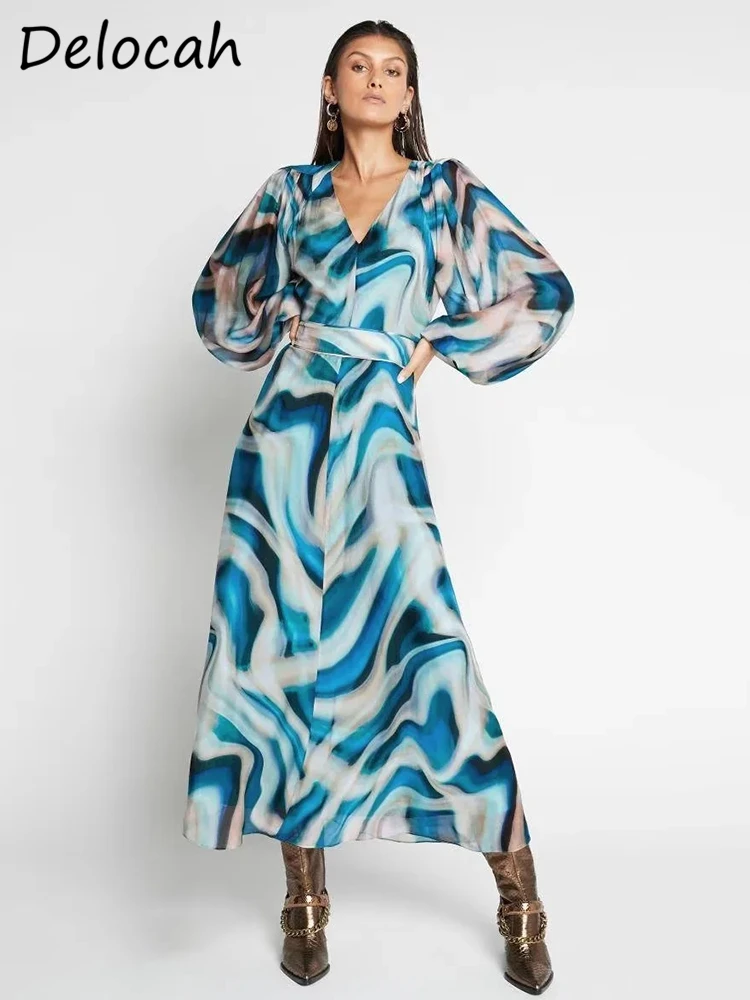 

Delocah/высококачественное осеннее женское модное дизайнерское Вечерние Длинное платье с рукавами-фонариками и разноцветным принтом