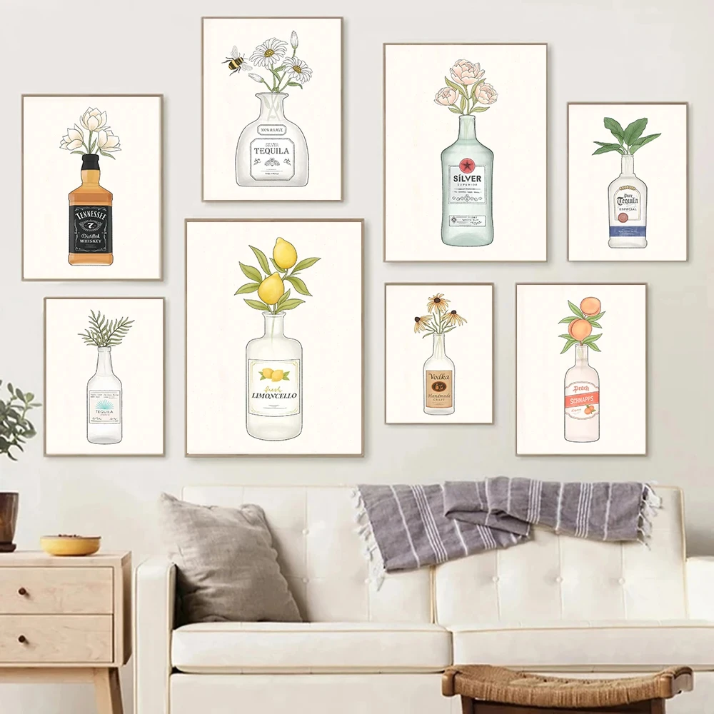 

Liquor Peaches Tequila Vodka Flowers Bar Wall Art Canvas Painting Alcohol Posters and Prints Pictures For Living Room Home Decor