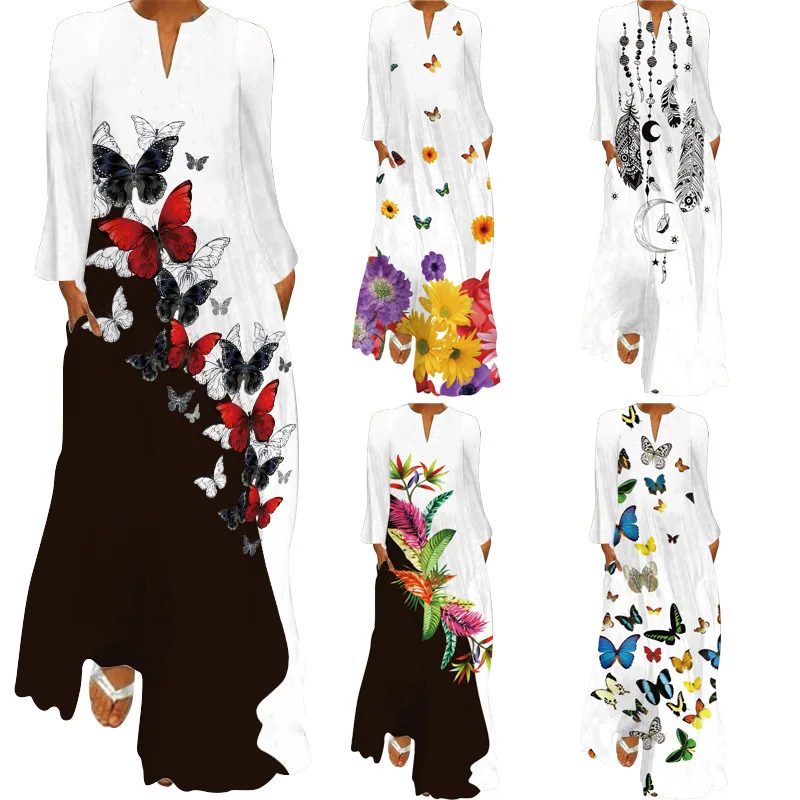 

Spring New Temperament 3d Printed Fashion Women's V-neck Long Dress Dress