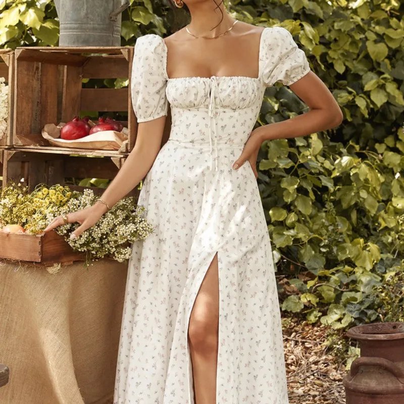 

Puff Sleeve Floral Long Dress Women Summer Short Sleeve Square Neck Lace Up Split Dress Bohemian Sexy Vintage Dresses Female