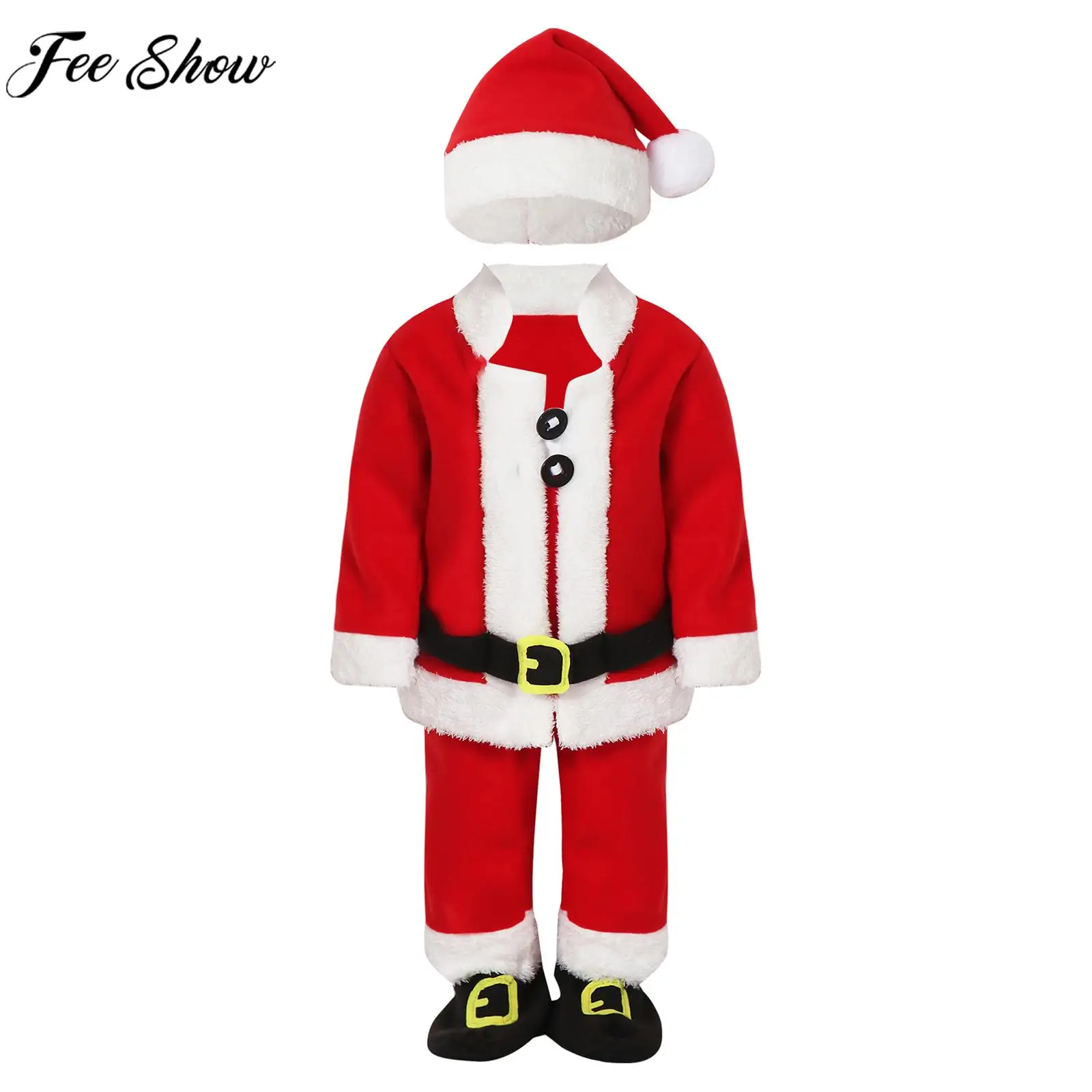 

Child Christmas Santa Claus Cosplay Costume New Year Party Stage Performance Outfit Long Sleeve Tops with Pants Hat Shoe Covers